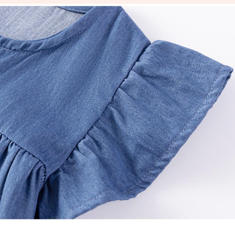 Летнее детское джинсовое платье с коротким рукавом для девочек, А-силуэт, вышивка, мультяшный принт, милое платье принцессы для девочки