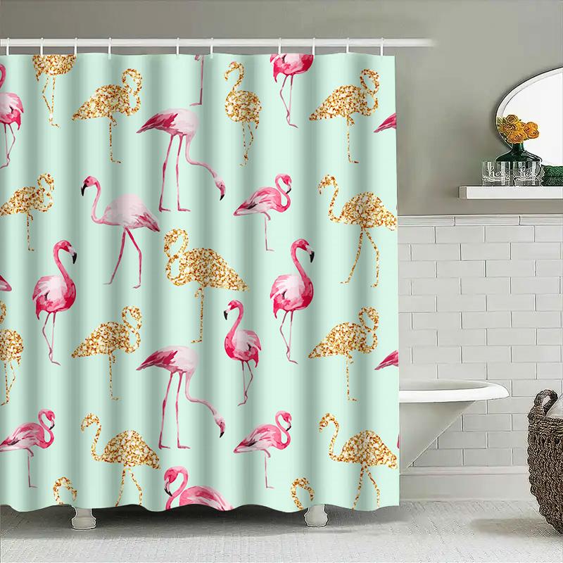 Vibrant Pink Flamingo Shower Curtain for Bathroom Decor Waterproof Fabric with Golden Sparkle Pattern Size 72x84 Inches