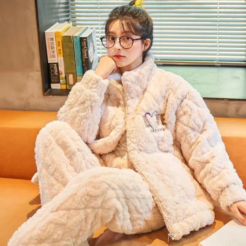 New Coral Fleece Pajamas Women's Autumn and Winter Pajamas Three Layers Thickened Plush Home Clothes Warm Cotton Home Clothes Set
