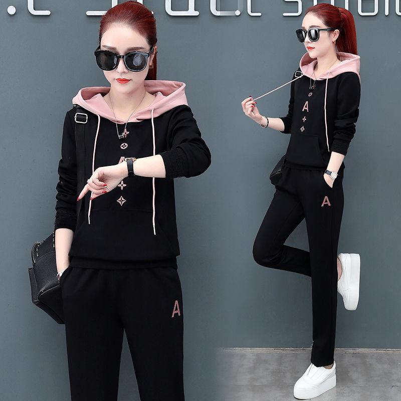 Повседневный спортивный костюм женский осенний свитер больших размеров модный свободный и тонкий костюм из двух частей с капюшоном