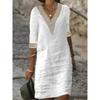 Women's Solid Color V-neck Mid Sleeve Cotton Linen Casual Dress