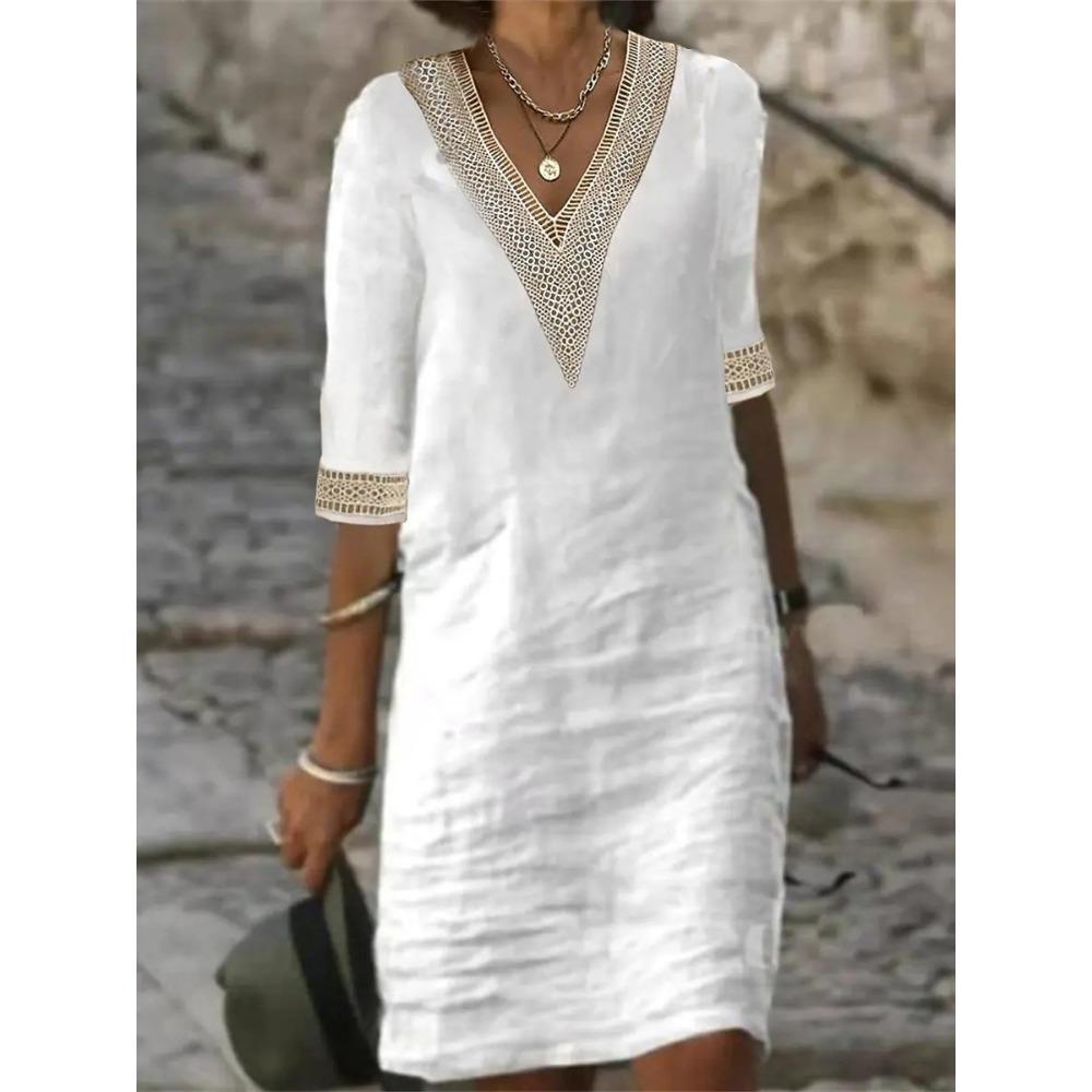 Women's Solid Color V-neck Mid Sleeve Cotton Linen Casual Dress