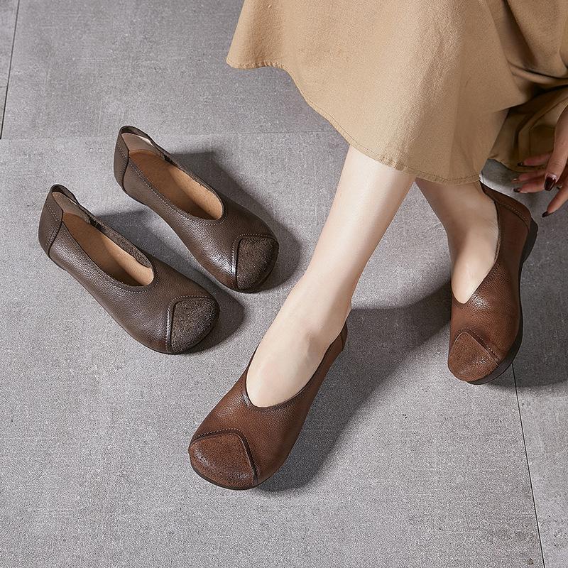 Fashion GKTINOO Retro Round Toe Shallow Flat Shoes 2025 Spring Autumn New Genuine Leather Loafers Soft Sole Women's Slip-on Shoes