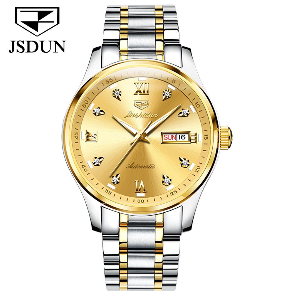 JINSHIDUN Новые деловые и развлекательные мужские часы, полностью автоматические механические часы с двойным календарем и ночной подсветкой, водонепроницаемые часы высокого класса