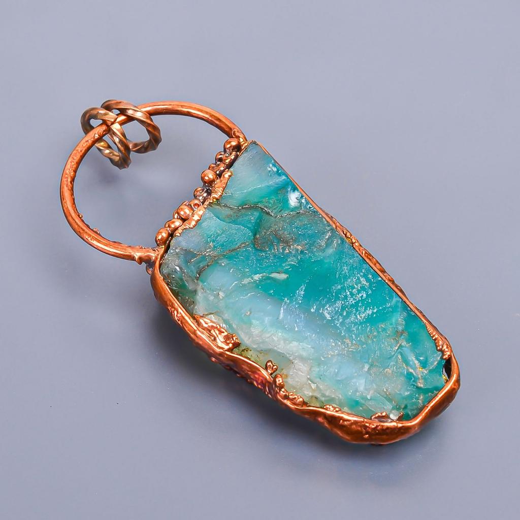 Зеленый Флюорит Необработанный Драгоценный Камень Медь Ар Деко Бохо День Рождения Новый Кулон Ювелирное Изделие V-4