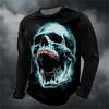 Round Neck 3D Skull Printed Top Fashionable Long Sleeved Men's T-shirts - Soft Medium Stretch Polyester Fabric Spring and Autumn Relaxed Fit Clothing