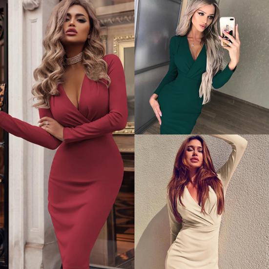 Модное женское однотонное облегающее банкетное платье миди с длинными рукавами и V-образным вырезом