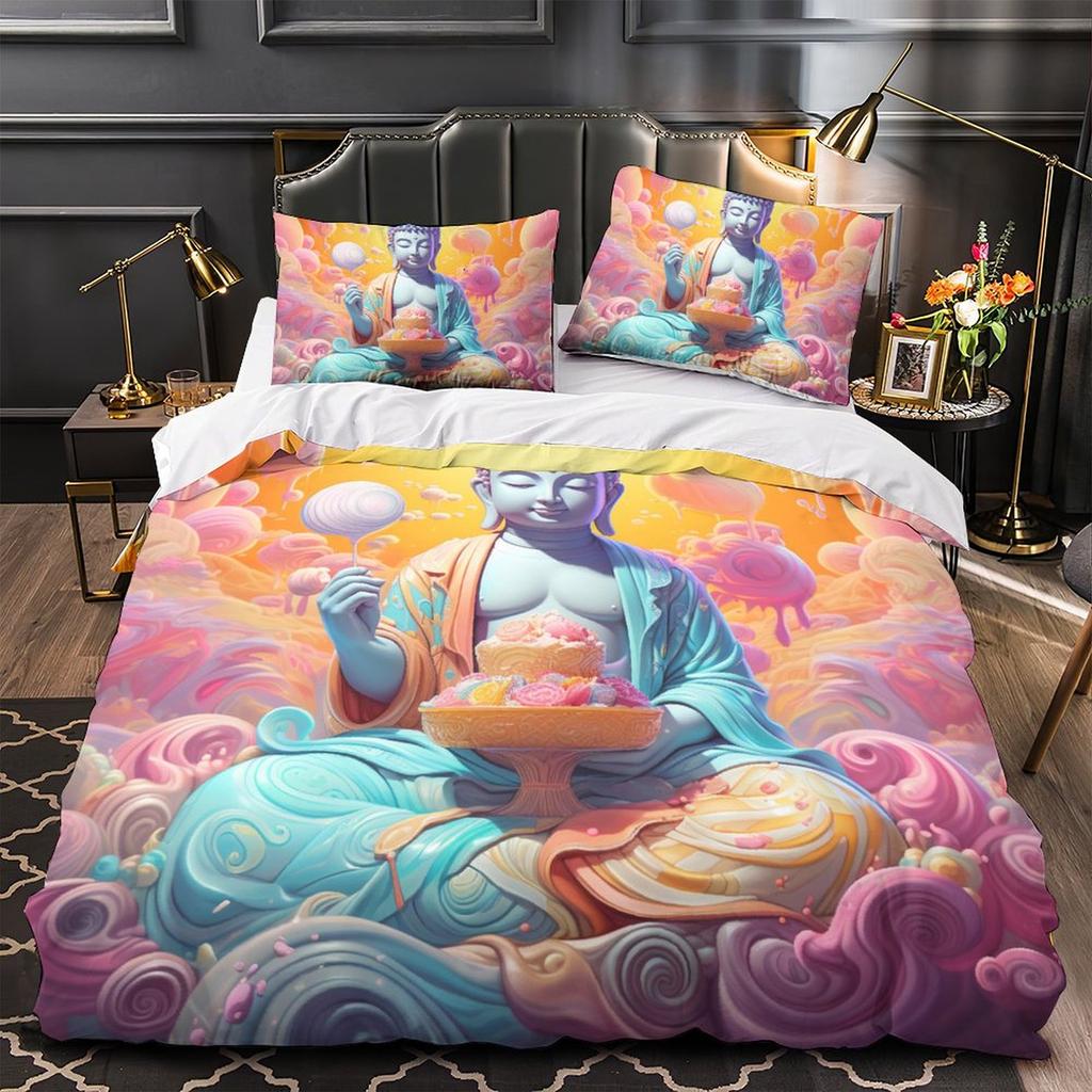 3D Colorful Buddha Statue Bedding Set, Buddha Believer Room, Women's Down Duvet Cover, Pillow Cover, 2/3pcs, Fashion Quick Drying Cover