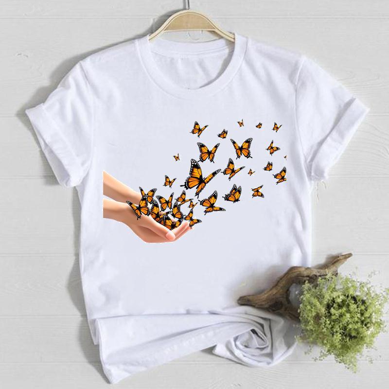 Женская футболка с принтом «Бабочка», модная летняя футболка из чистого хлопка, свободная, с круглым вырезом и короткими рукавами, женская