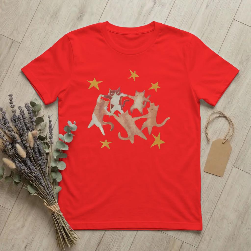 Vintage Starry Dancing Cats in A Circle TShirts Unisex Crewneck Pure Cotton T Shirts Celestial Short Sleeve Tees Adult merch