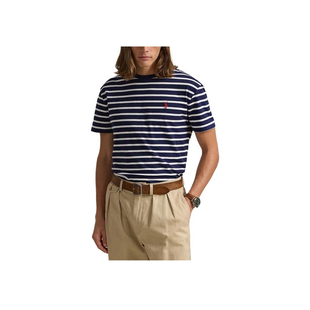 Футболка мужская Polo Ralph Lauren с вышивкой логотипа, в полоску, с круглым вырезом, с коротким рукавом, топы, синяя 710934662-012