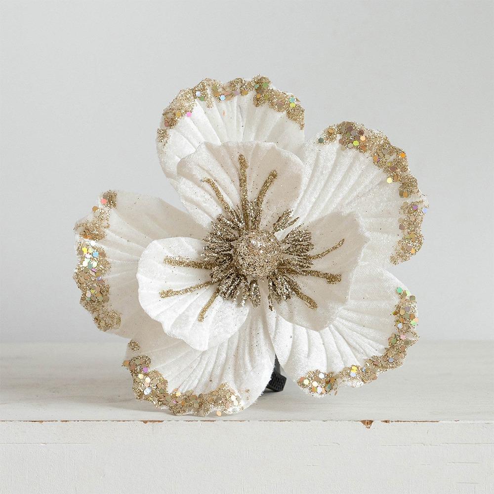Sparkling Artificial Poinsettia Flower Velvet Fabric Xmas Floral Pick Accessory Party