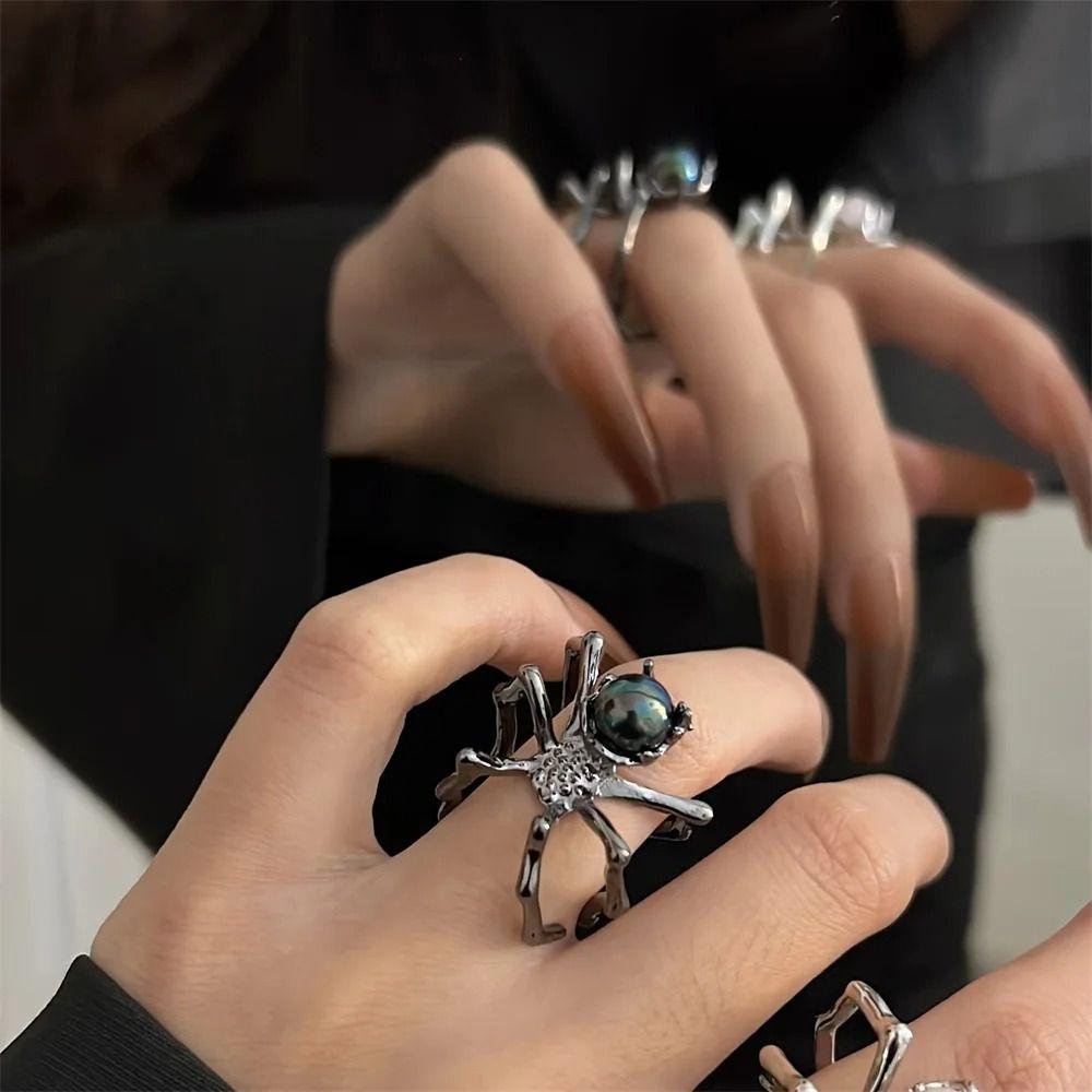 Alloy Punk Dark Spider Open Ring Black/Silver Gem Spider Ring Minimalist Spider Finger Rings Woman