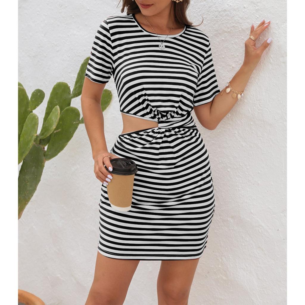 Женское модное повседневное платье с круглым вырезом, короткими рукавами, высокой талией, на бретелях, с принтом