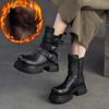 Johnature Plush Warm British Style Mid-calf Boots Genuine Leather Thick Soled Women's Shoes