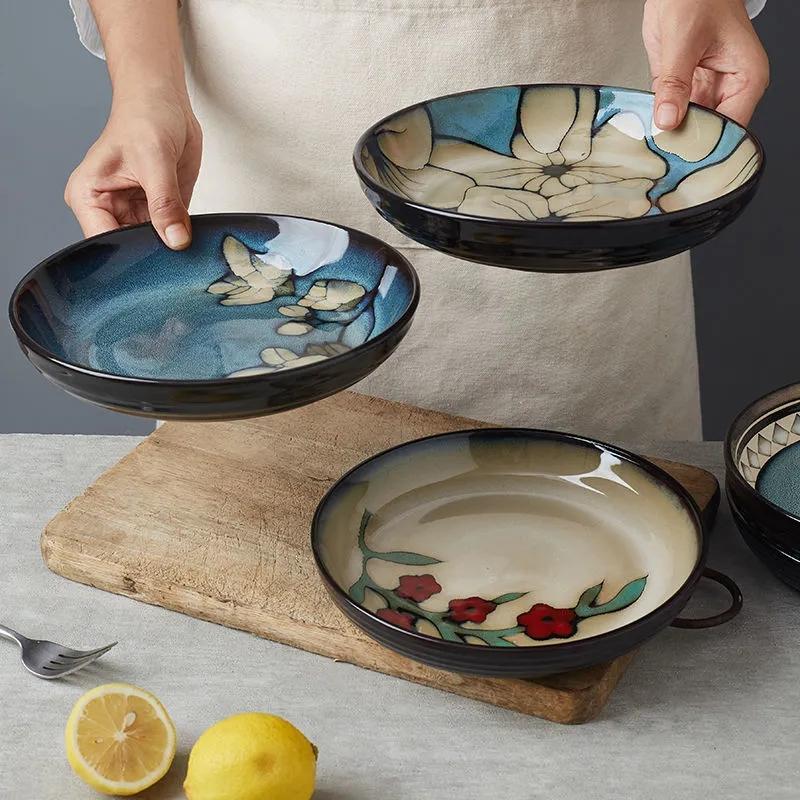 Простая керамическая тарелка в скандинавском стиле с резьбой и косточками, домашнее блюдо, тарелка для стейка, темно-зеленая тарелка для салата, диск