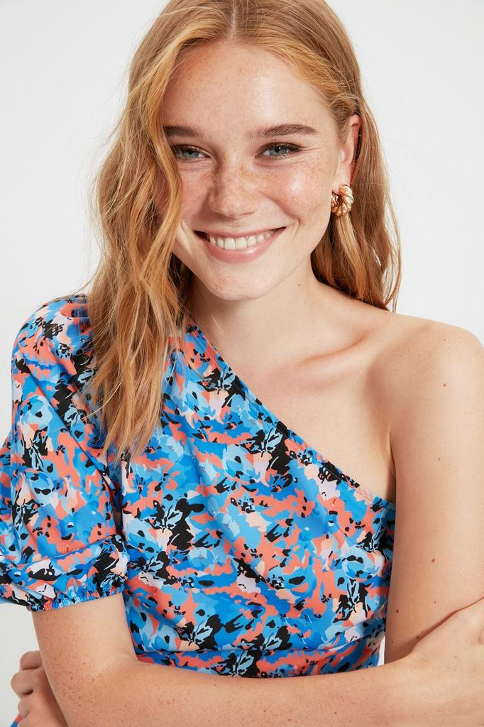 Women's Style Blouse Blue Single Sleeve Floral Woven Blouse