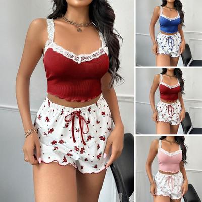 Женский комплект из 2 предметов пижамы в рубчик без рукавов с кружевным укороченным топом и