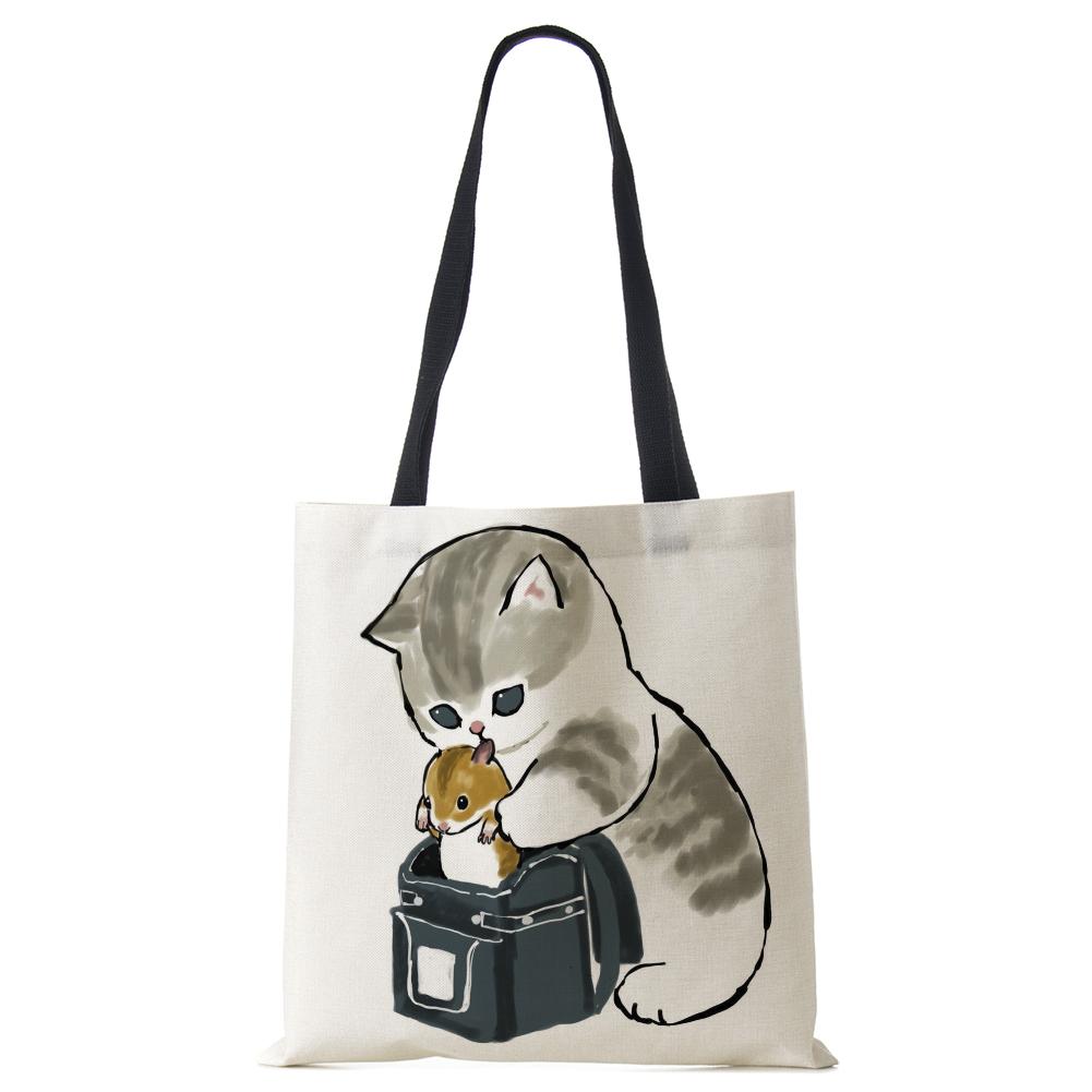 Cat Print Handbag Ladies Casual Cute Shopping Tote Shoulder Bag 2022 Harajuku Large Capacity Travel School Canvas Beach Bags