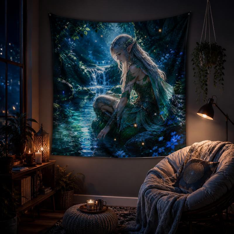 Forest Stream Elf Fairy Tapestry Forest Moonlight Stream Green Skirt Elf Printed Hanging Cloth Anime Room Decoration