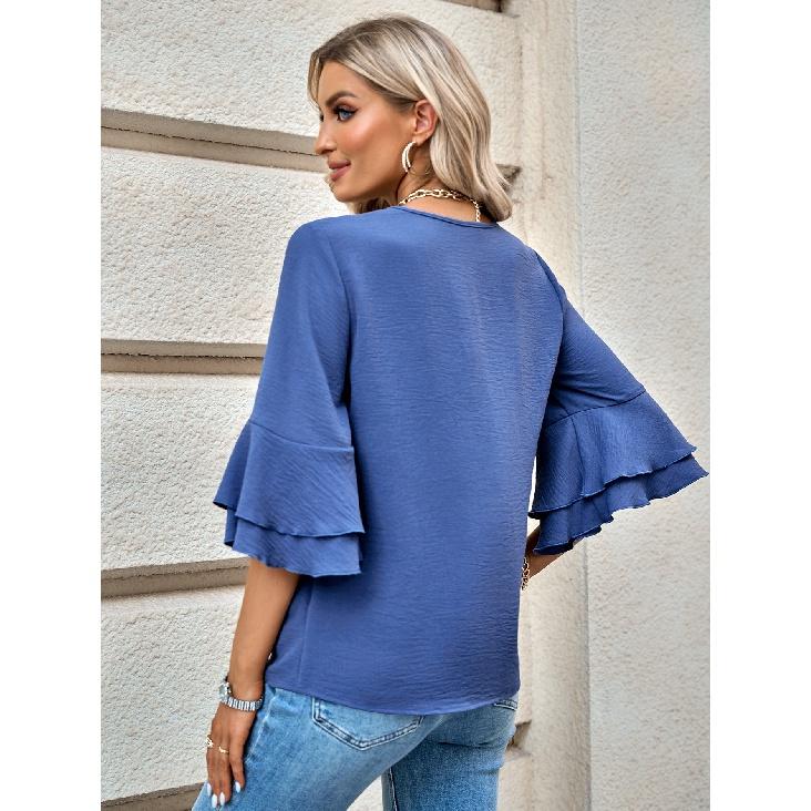 2023 Весенне-летние однотонные свободные топы с V-образным вырезом и оборками на рукавах для