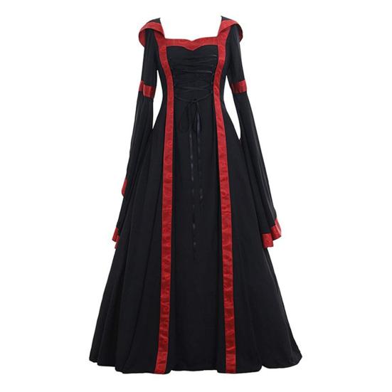Women Dress Medieval Royal Style Lace-up Hooded Bat Sleeve Maxi Dress Waist-Cinching Square Collar Stage Performance Renaissance Cosplay Costume