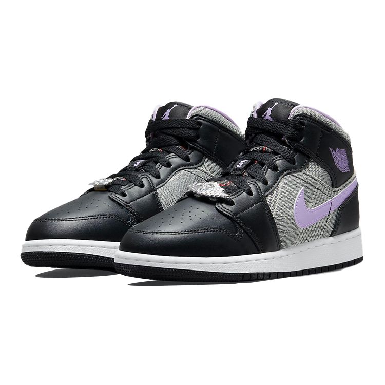Детские кроссовки Air Jordan 1 Mid SE GS Houndstooth Black Lilac White DC7226-015