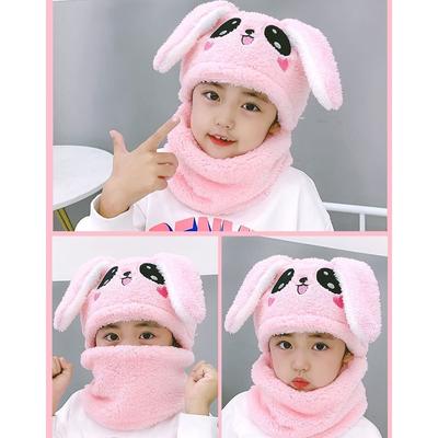Plush Coral Velvet Cap Cartoon Rabbit Baby Scarf Hat Winter Warm Neck Cap Children