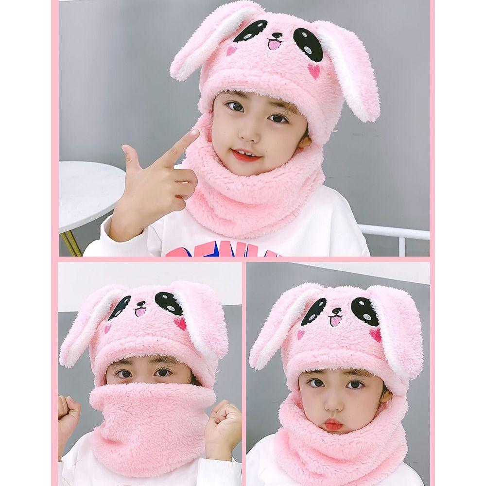 Plush Coral Velvet Cap Cartoon Rabbit Baby Scarf Hat Winter Warm Neck Cap Children