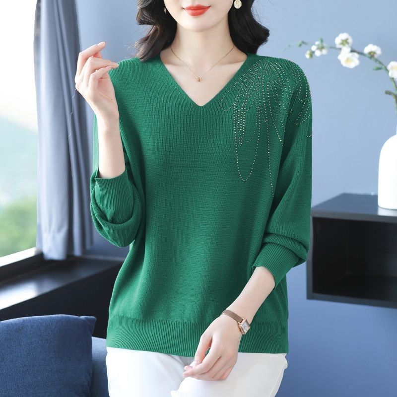 Spring Autumn Women's V-Neck Knitted Sweater Loose Solid Pullover Knitwear Thin Rhinestone Knit Top