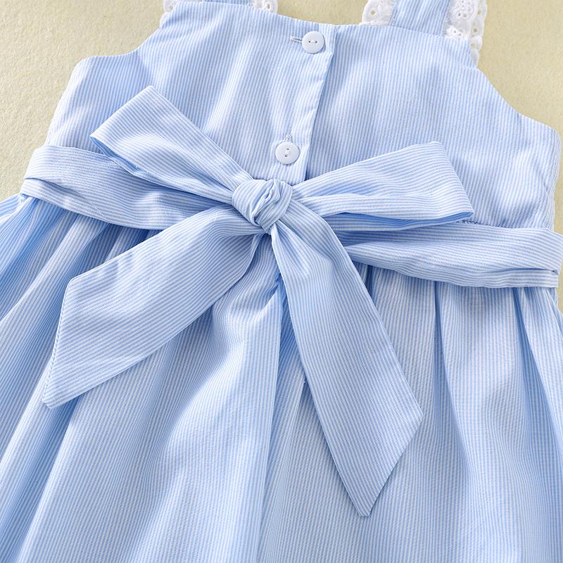 Girls Summer Blue Sleeveless Princess Dress Cute Cartoon Ice Cream Embroidery Shirred Back Strap Sundress For Kids
