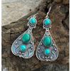 Vintage Waterdrop Metal Hand Carved Textured Earrings Set Green Stone Women's Hook Drop Earrings Jewelry