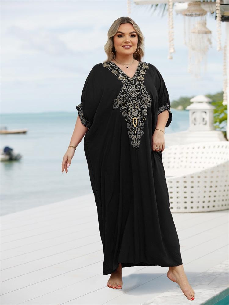 EDOLYNSA Черный кафтан больших размеров с золотой вышивкой, платья для женщин, пляжная одежда с v-образным вырезом и рукавами-фонариками, купальник, свободный кафтан