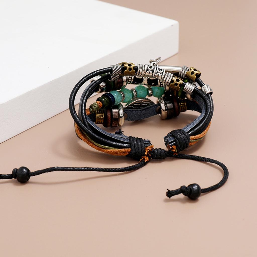 Браслет Многослойный бисерный браслет из коровьей кожи с голубыми глазами, регулируемый браслет