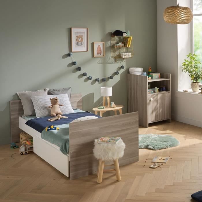 Lit bébé combiné - 120x60cm - Evolutif en 90x190cm - Babyprice Up - Chêne - Avec commode à langer 1 porte