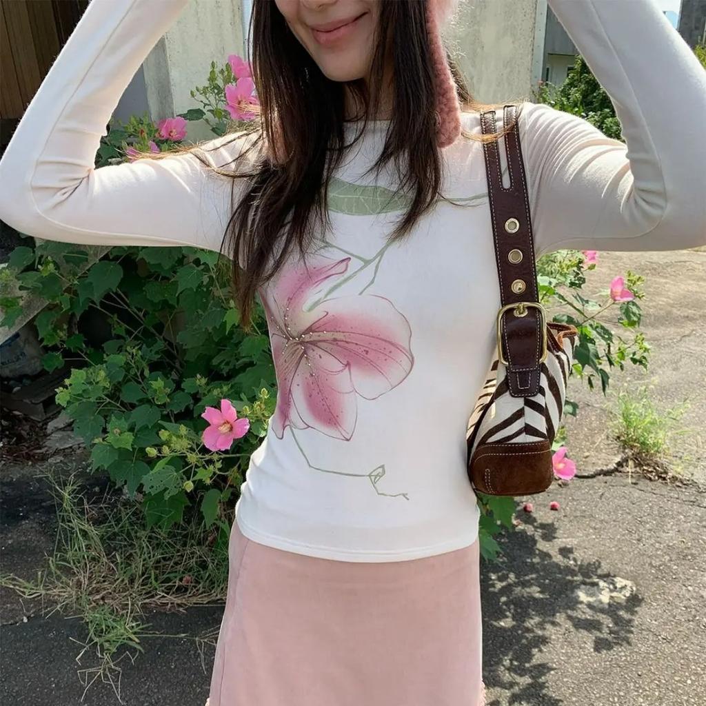 Женская футболка Y2K Fairycore с длинным рукавом и цветочным графическим принтом