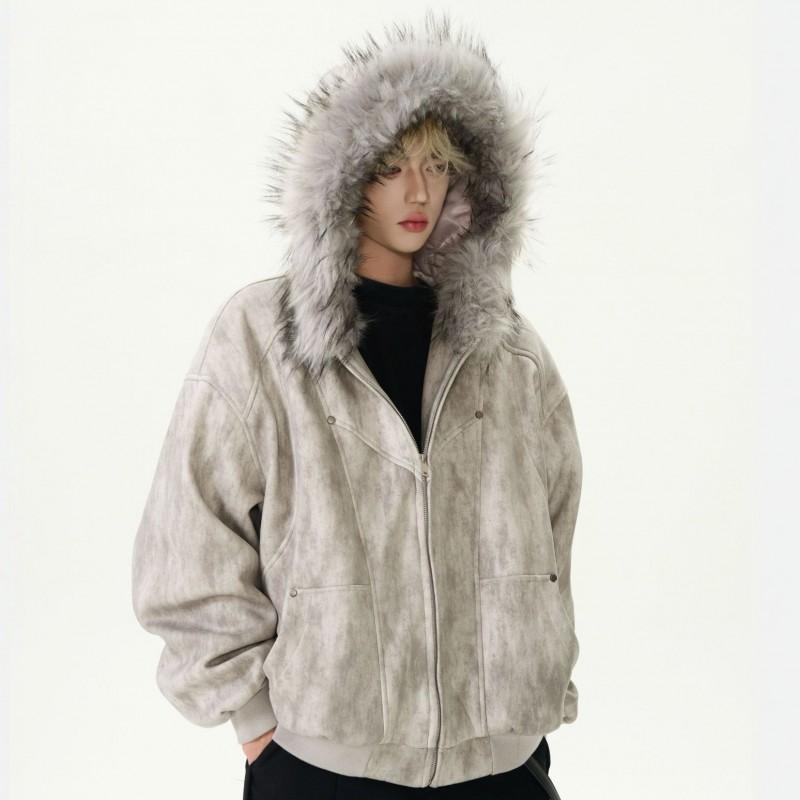 Mens Hooded Thick Cotton Puffer Jacket With Faux Fur Collar Winter Warm Casual Outerwear Youth
