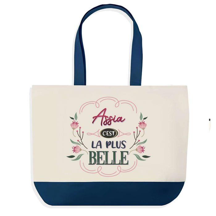 Sac shopping - PLANETEE - Assia la plus belle - fond bleu - coton 40x45 cm - grand format