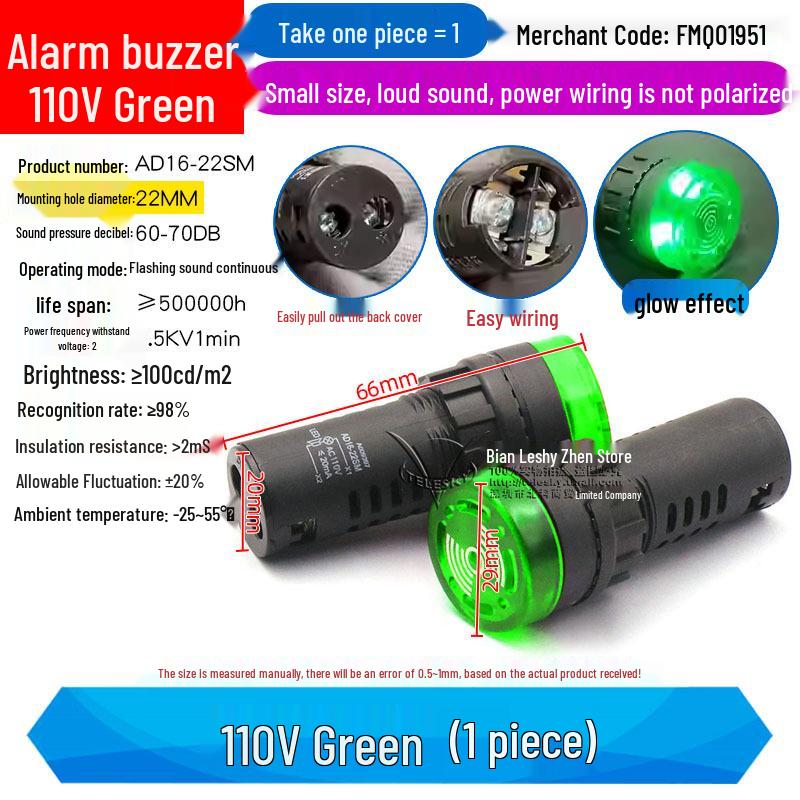 Buzzer with Intermittent Sound and LED Flashing Alarm AD16-22SM, Compatible with AC/DC 12V-220V