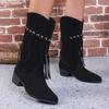 Autumn Winter Tassels Women Western Cowgirl Black Boots Fashion Elegant Belt Buckle Shoes Thick Heel Laides Mid Calf Booties