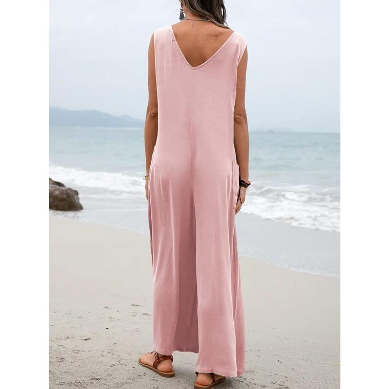 YYFS Женская мода повседневная летняя весна однотонная без рукавов с V-образным вырезом свободная талия брюки комбинезоны и комбинезоны