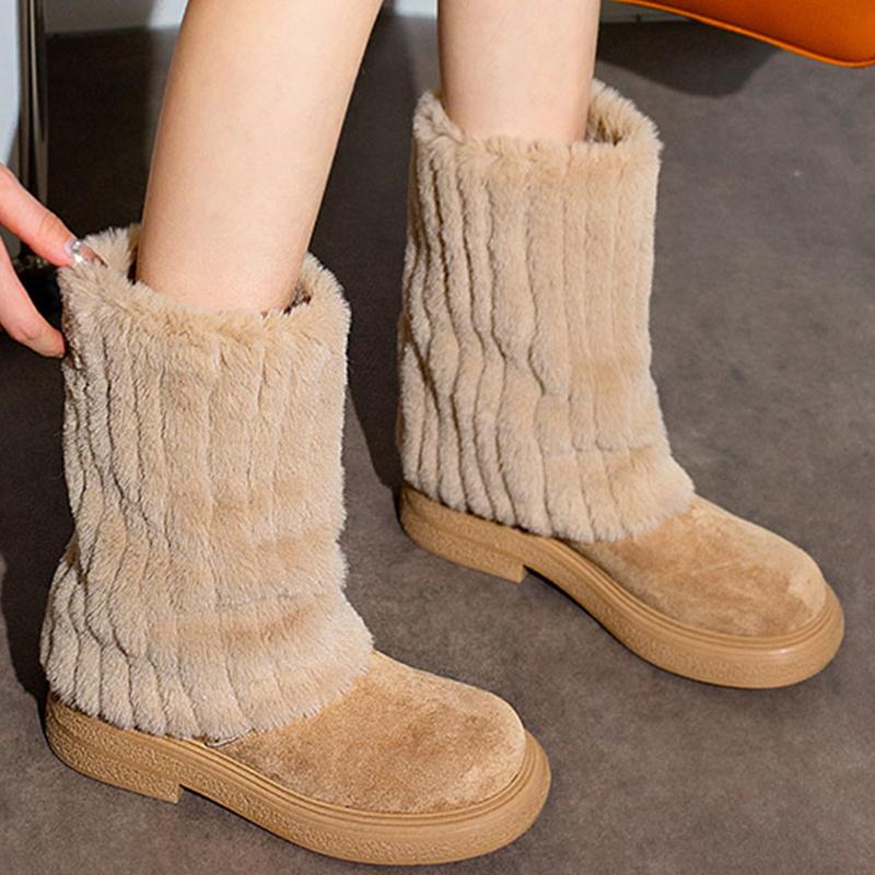 Меховая платформа Женские ботильоны Замшевые Средний каблук Модная обувь Женская 2025 Тренд Зимняя Повседневная Удобная Теплая Снежные ботинки Женские