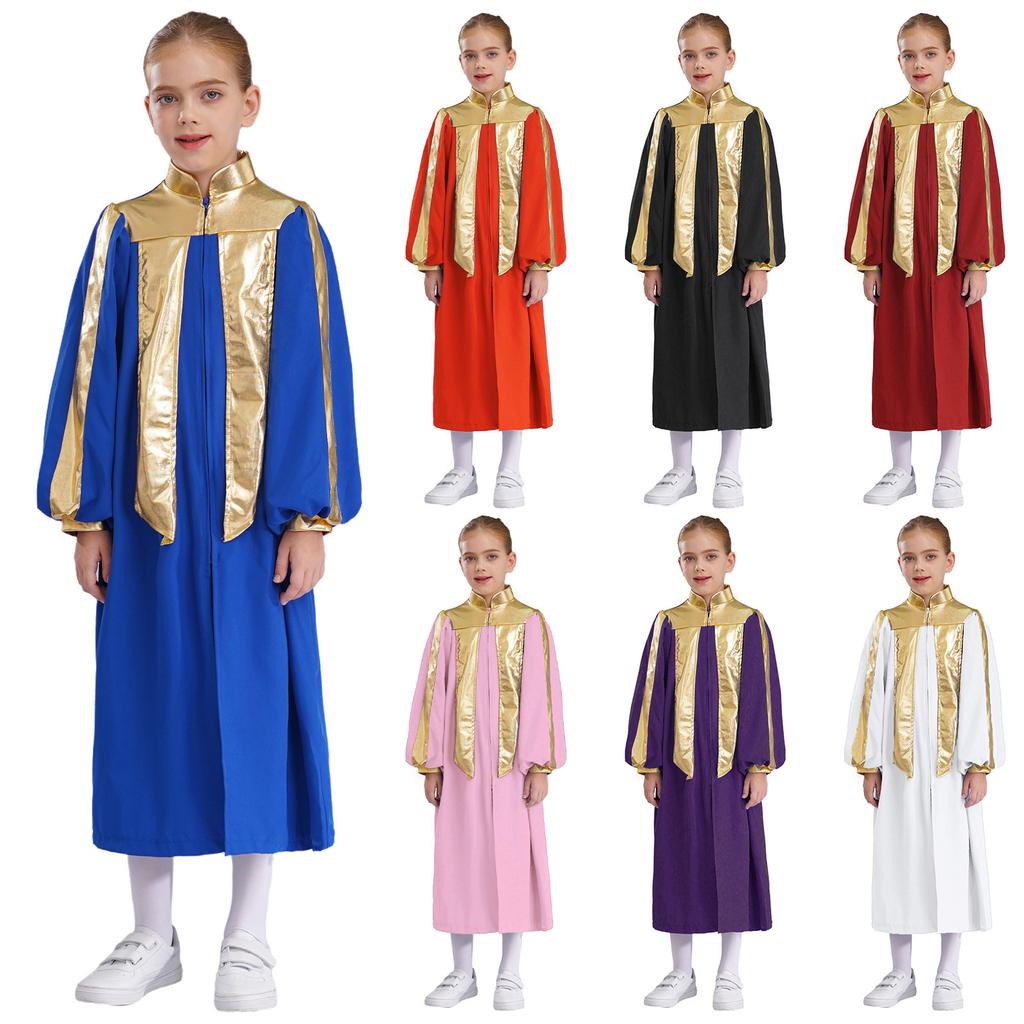 Мальчики Девочки Мусульманский Арабский Тауб Длинный Рукав Металлический Контрастный Молния Хоровое Одеяние Дети Церковный Богослужение Костюм Выступление Танцевальная Одежда