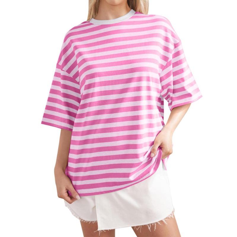 Женская летняя повседневная футболка с круглым вырезом и полосатым принтом