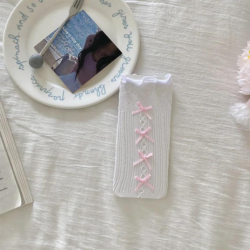 Сетчатые чулки Lolita Kawaii кружевные носки с оборками ажурные гольфы милые бантики JK Sweet Girls длинные носки женские чулки