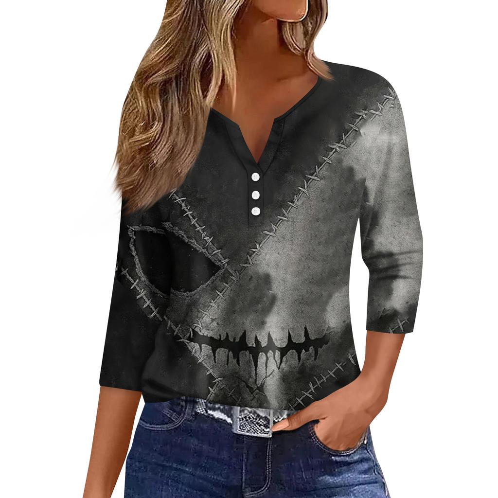 Women's Fashion Button-Up V-Neck Three-Quarter Sleeve Halloween Print Top