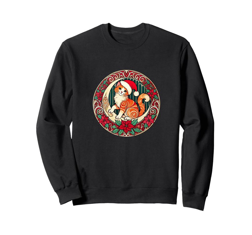 Christmas Ginger Cat Santa Hat Illustration Art Nouveau Sweatshirt