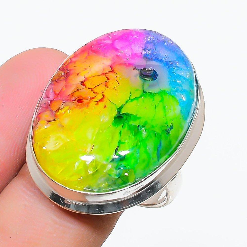 Natural Rainbow Solar Quartz Gemstone 925 Sterling Silver Ring Size 6 p8H65