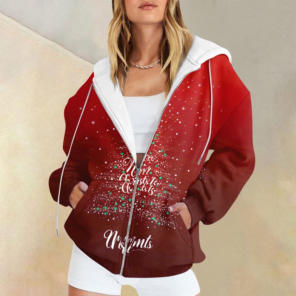 Ladies Fashion Casual Christmas Print Sweatshirt Autumn Winter Long Sleeve Cardigan Jacket With Pocket Zipper Hoodie Jacket