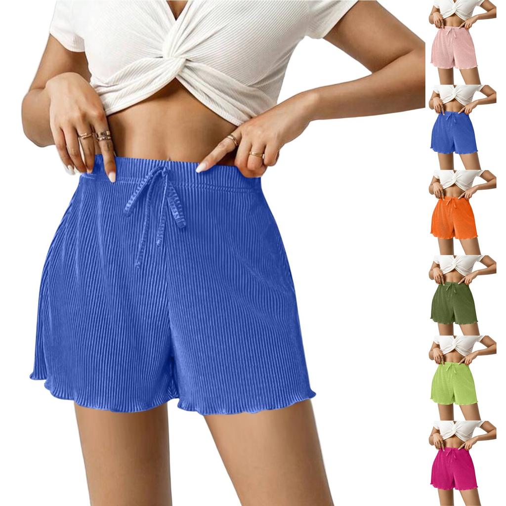 Женские стильные однотонные повседневные фактурные шорты без карманов с эластичной талией